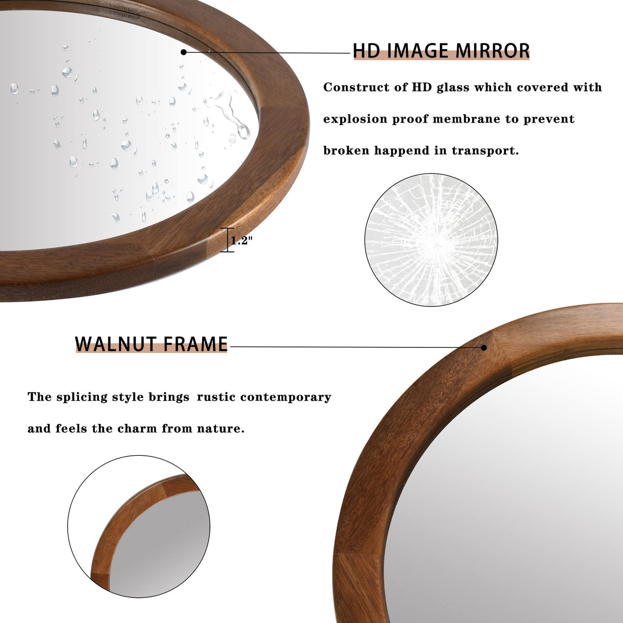 Round Mirrors 30 Inch,Wood Vanity Wall Rustic Mirror with Walnut Frame, Wooden Mirror