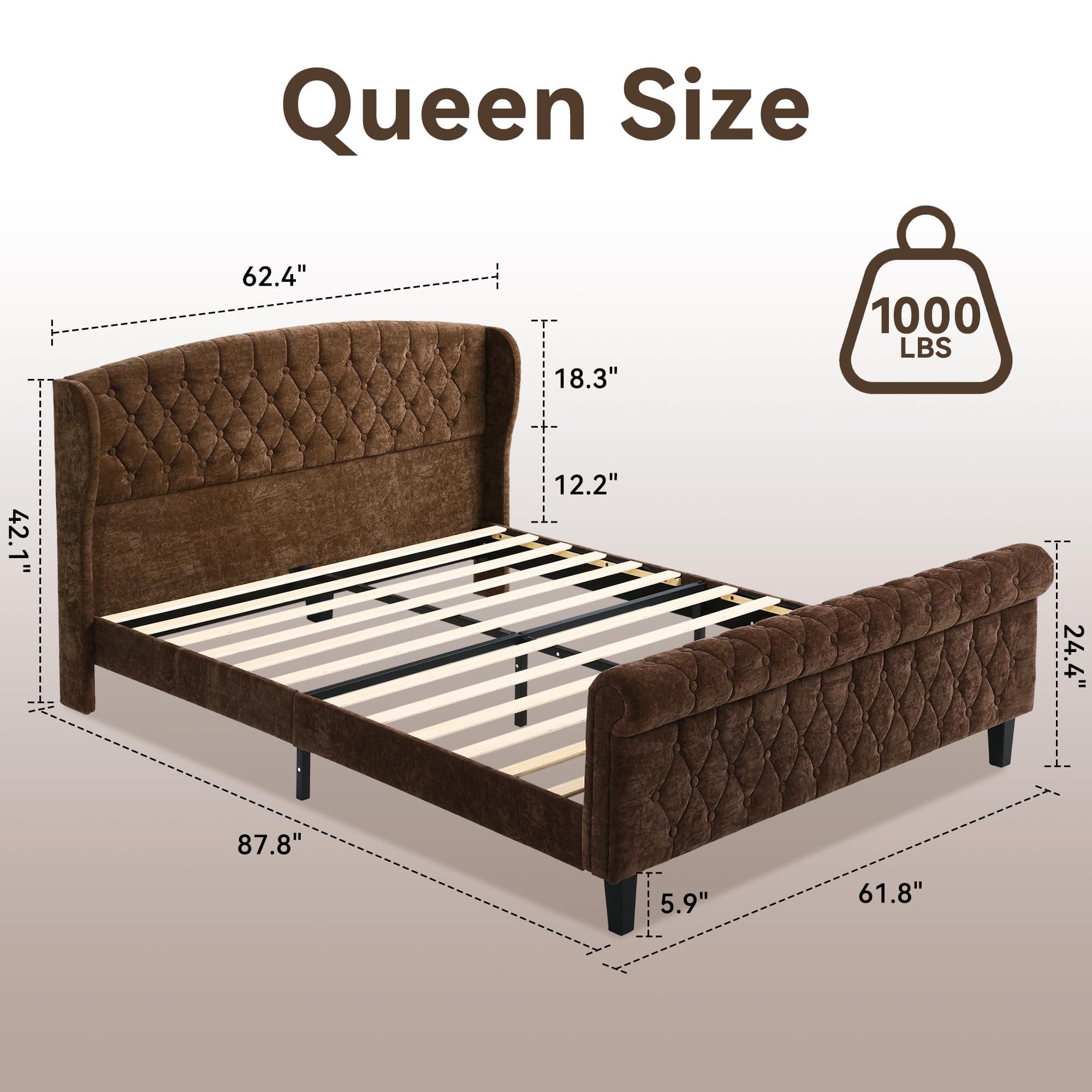 Queen Size Upholstered Platform Bed Frame with Sleigh Headboard