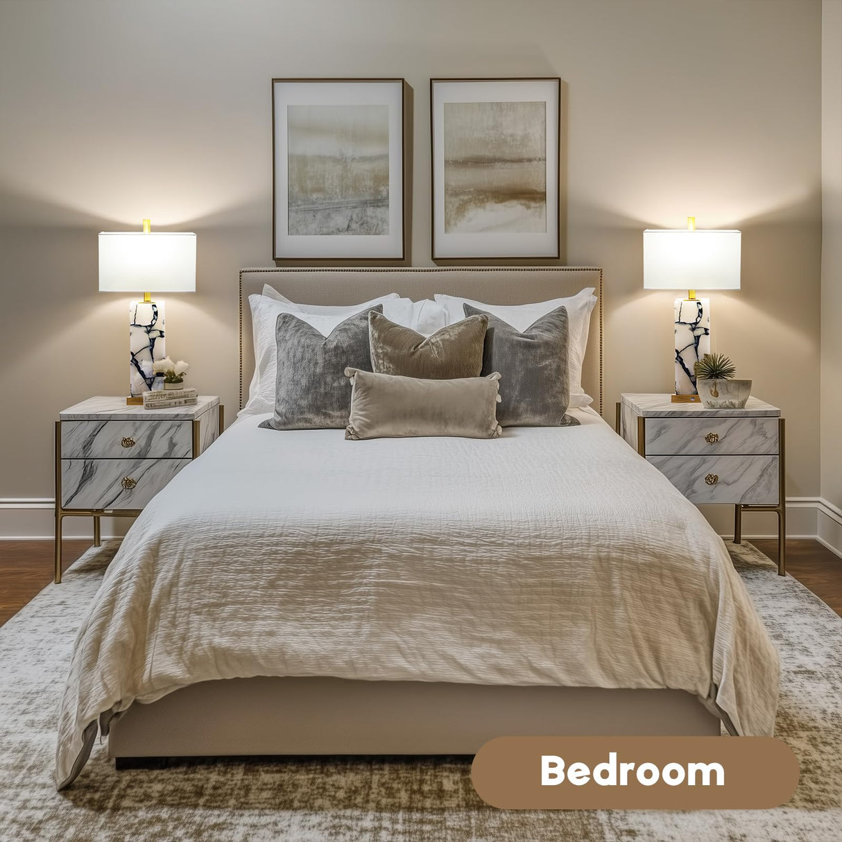 Natural Marble Table Lamps Set of 2 with USB Ports & 3-Color Nightlight