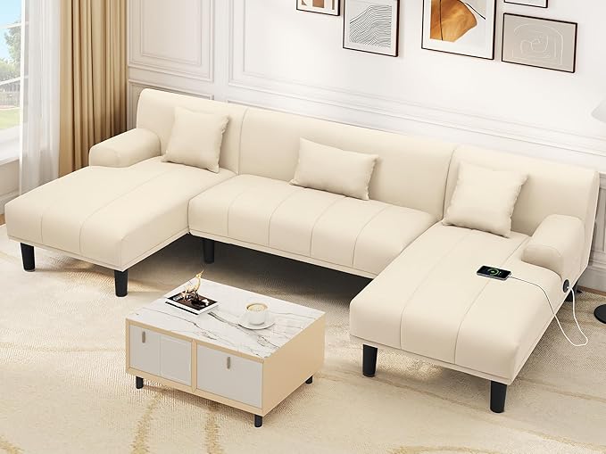Sectional Couches for Living Room, U Shaped Sofa Faux Leather Modular Couch with USB