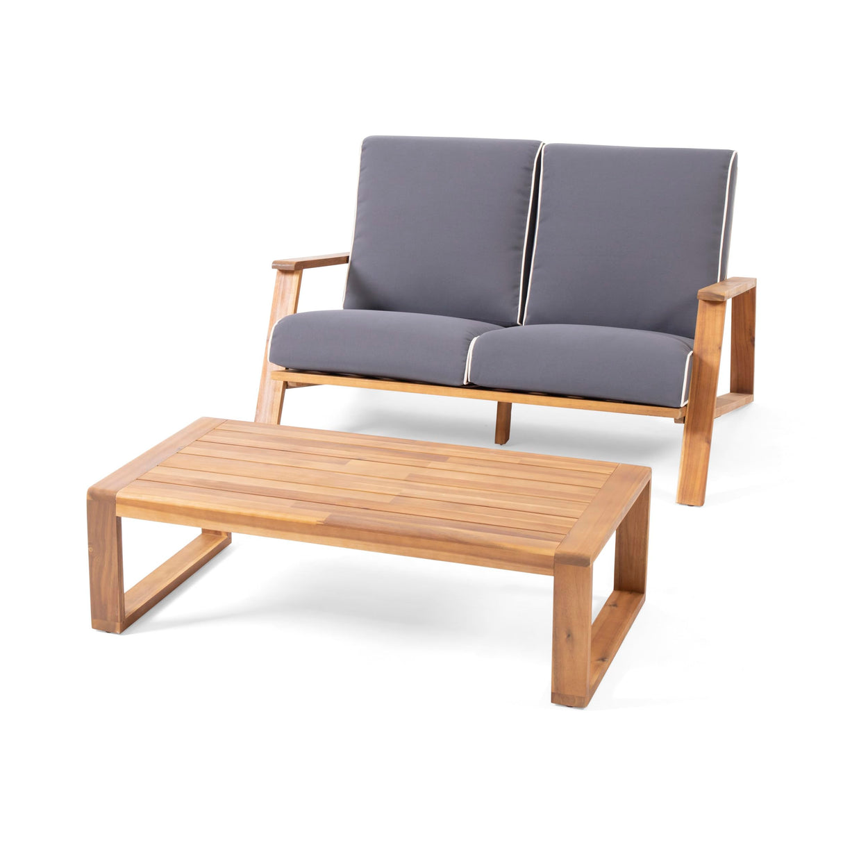 Eartha Outdoor Loveseat Set with Coffee Table, Teak Finish, Dark Gray