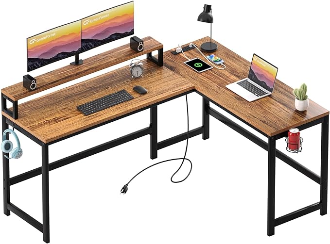 L Shaped Desk with Power Outlets, 62 Inches Reversible Small Corner Computer Desk