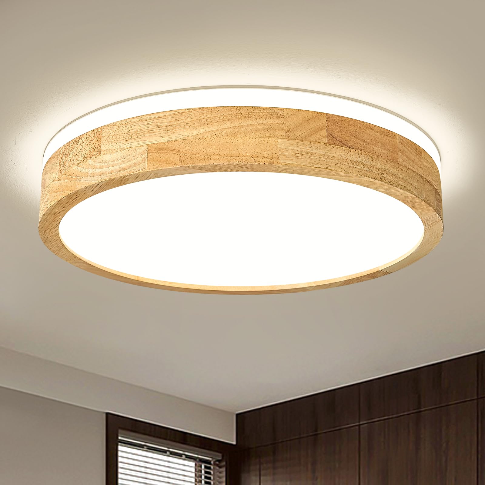 Modern Dimmable Wood Flush Mount Ceiling Light - 15.74in Round LED