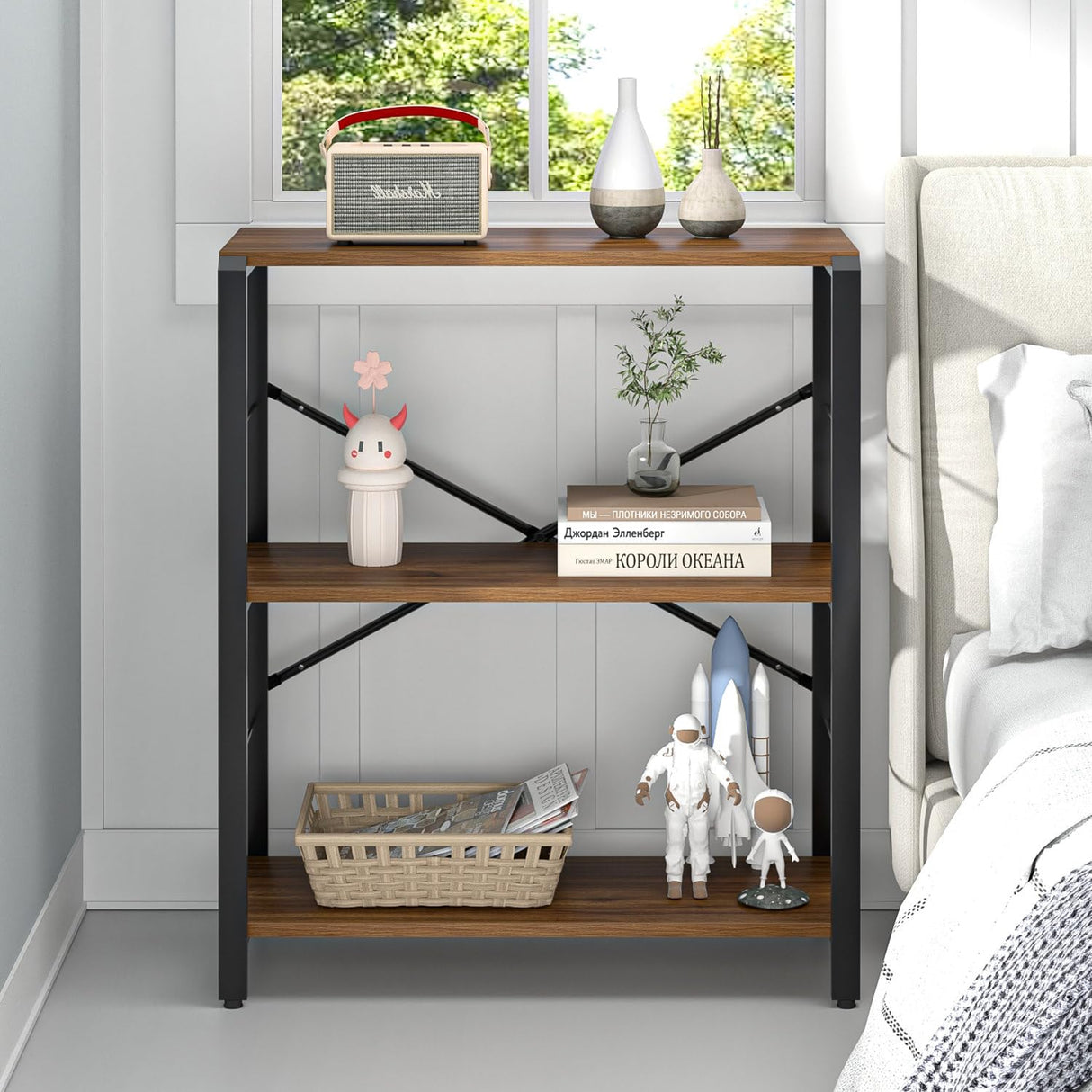 Small Bookshelf, 3 Tier Rustic Book Shelf with Storage, Industrial Low Short Bookcases