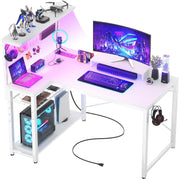Small Gaming Desk with Power Outlets Pegboard LED Light, 43 Inch L Shaped Computer