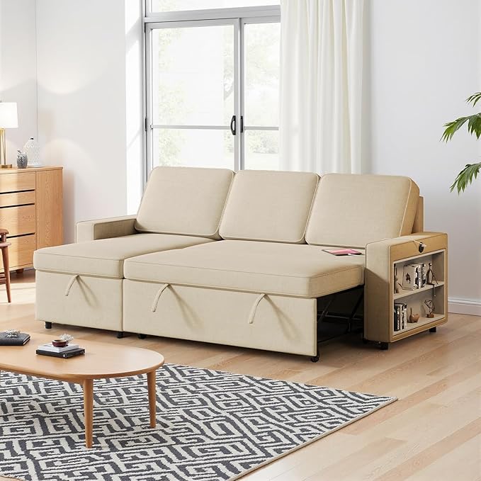 Sectional Sofa Couch, 86" Sleeper Sofa Bed with Storage Racks & Pull Out Sleeper