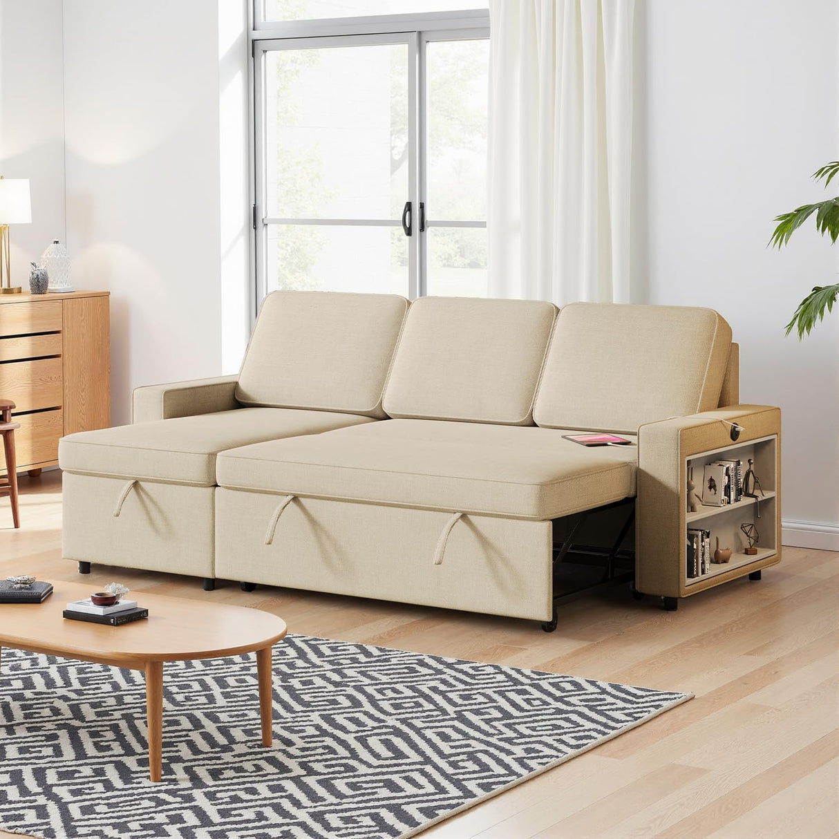 Sectional Sofa Couch, 86" Sleeper Sofa Bed with Storage Racks & Pull Out Sleeper