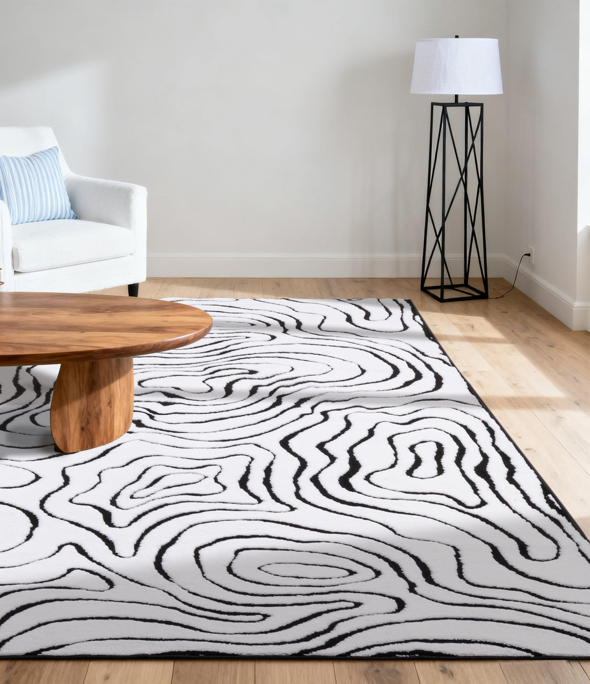 Modern Washable Area Rug 6x9 - Black & White Geometric Pattern