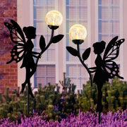 2 Pack Solar Fairy Garden Decor, Metal Fairy Statues with Crackle Glass Globe