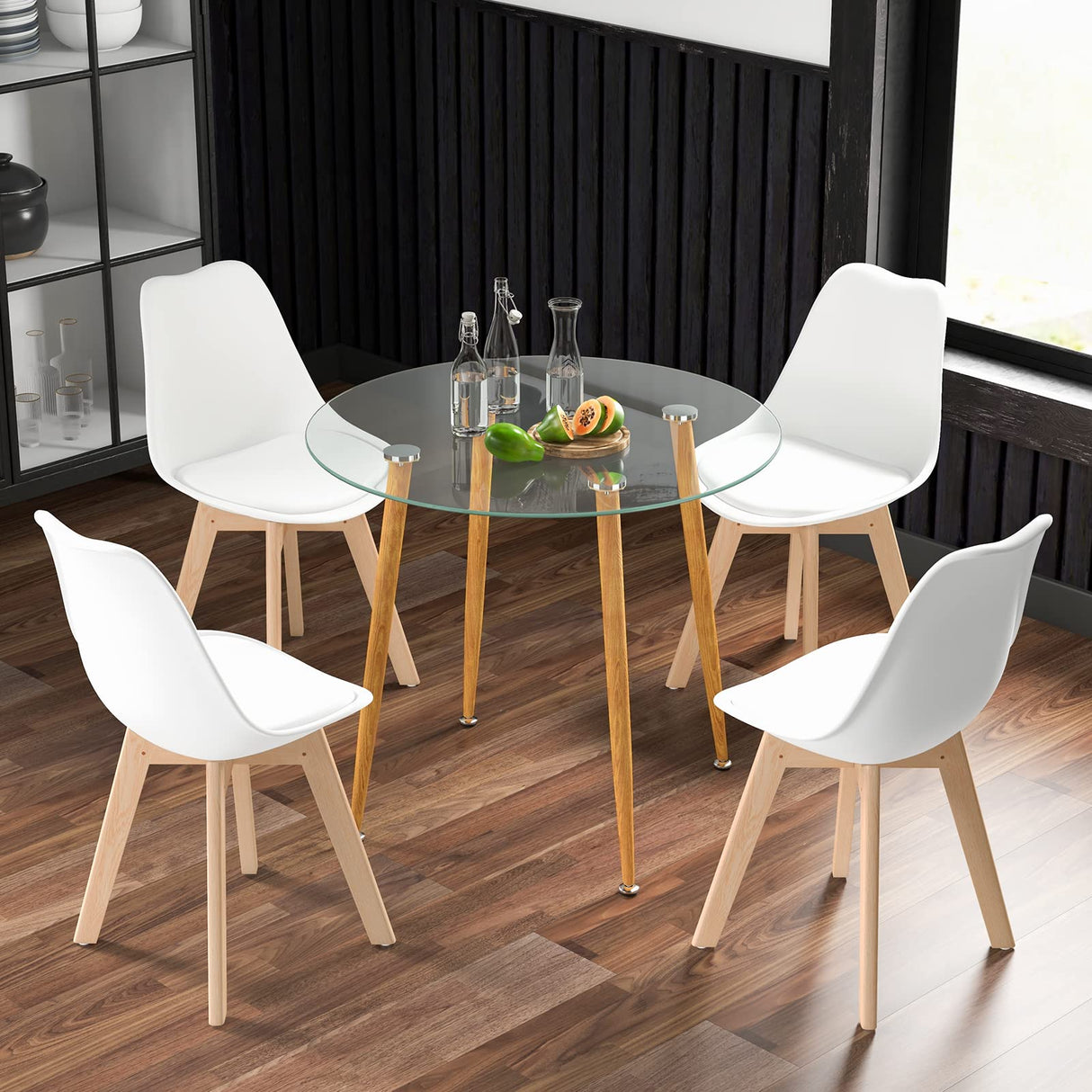 Dining Table Set for 4, Modern 5-Piece Dining Room Set w/ 1 Round Tempered Glass Table