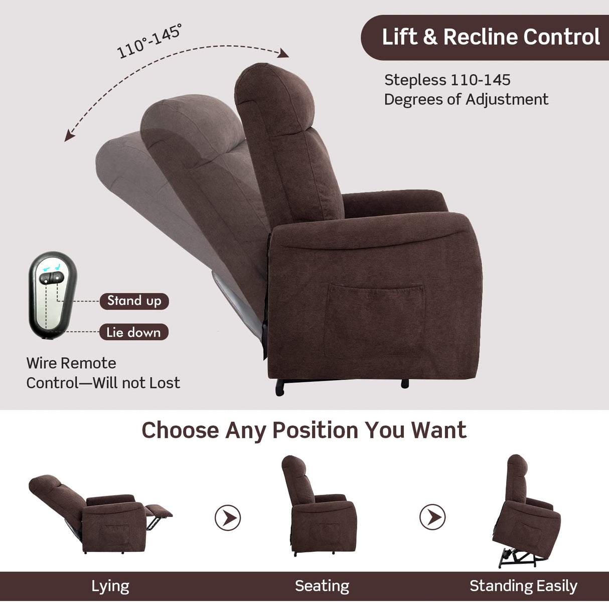 Giantex Power Lift Recliner Chair for Elderly, Ergonomic Lounge Chair w/Remote Control, Adjustable Backrest, Side Pocket, Electric Stand-Up Fabric Arm Chair for Bedroom Living Room Nursery (Brown)