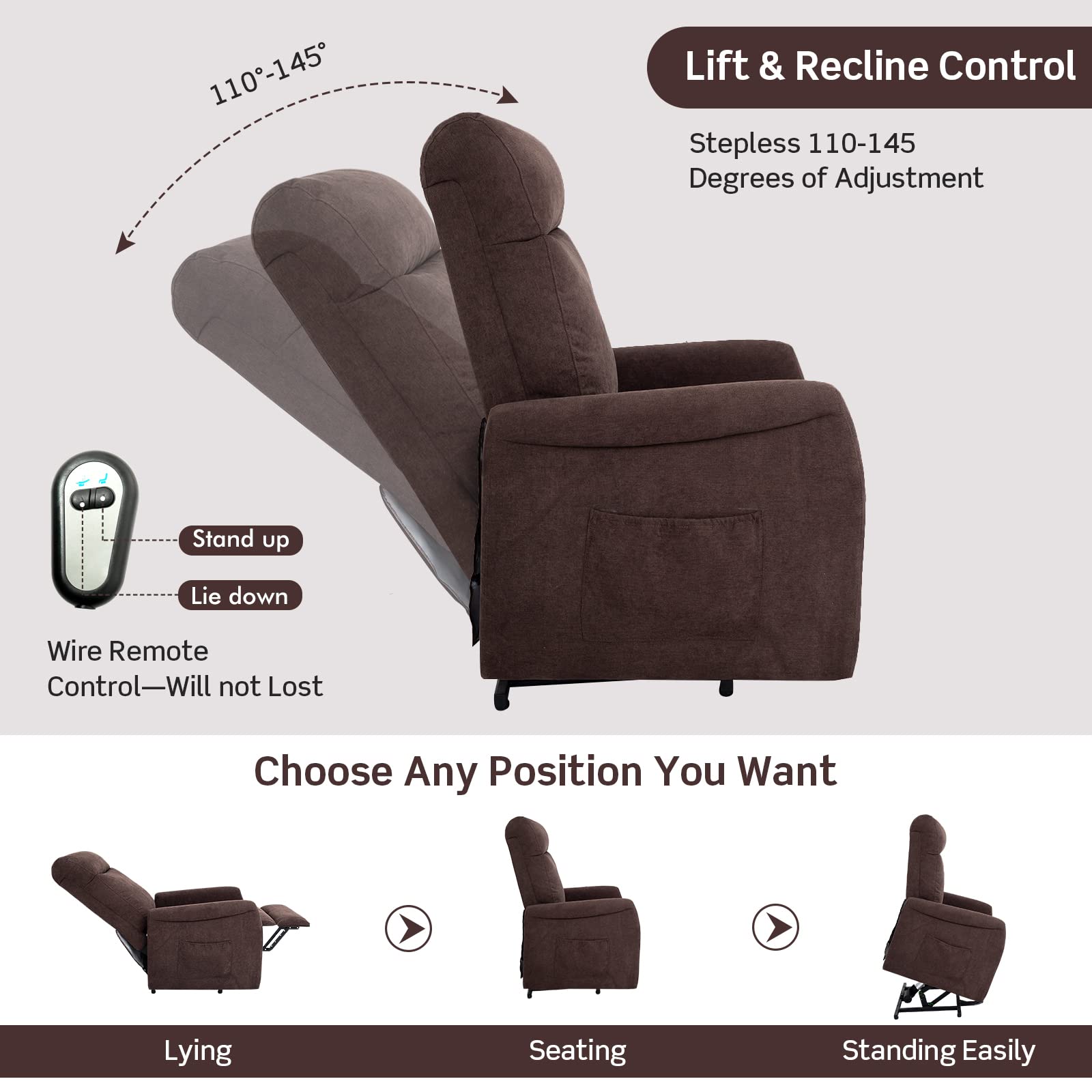Giantex Power Lift Recliner Chair for Elderly, Ergonomic Lounge Chair w/Remote Control, Adjustable Backrest, Side Pocket, Electric Stand-Up Fabric Arm Chair for Bedroom Living Room Nursery (Brown)