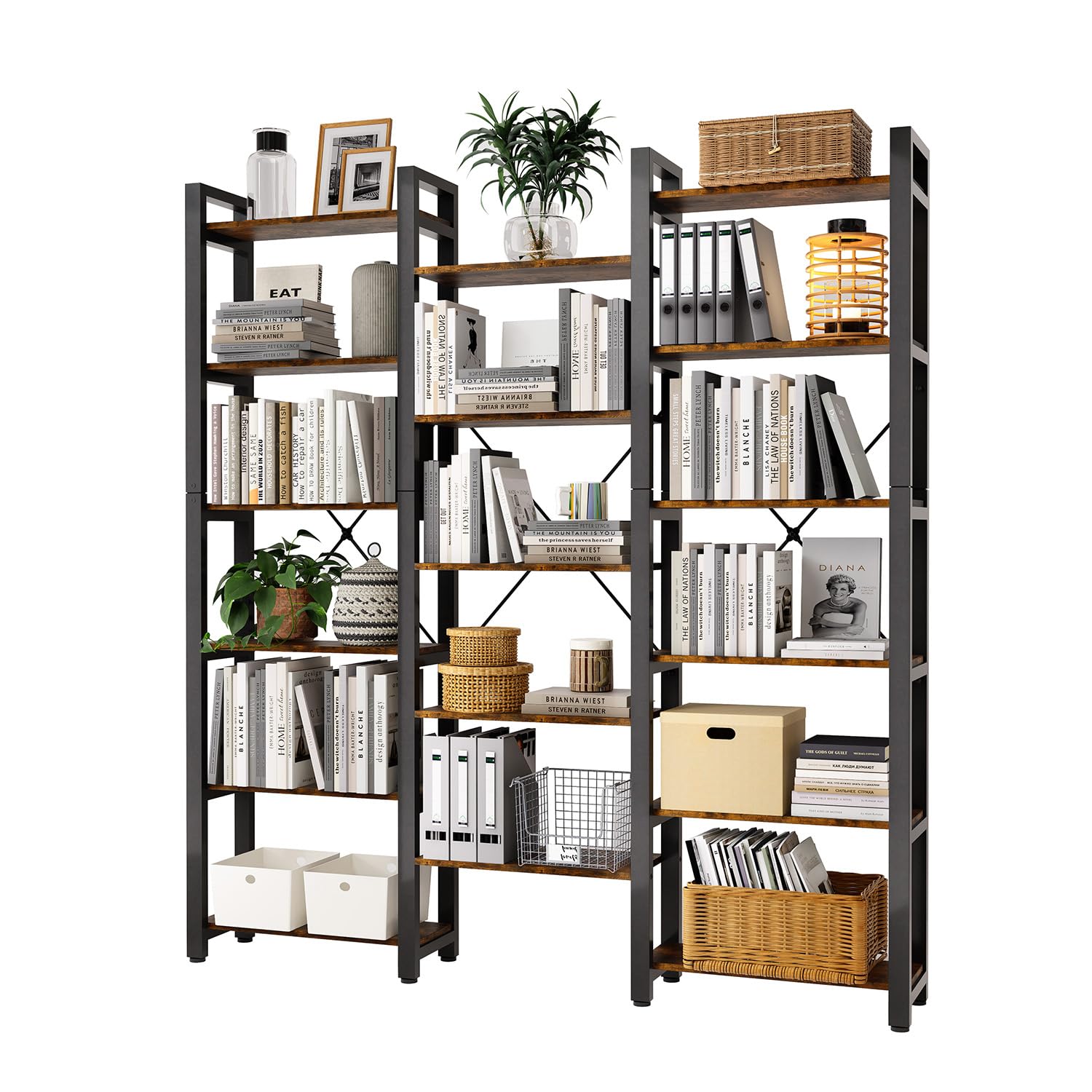 Triple Wide 6-Shelves Corner Bookcase Industrial Vintage Wood Style Large Open Bookshelves for Home & Office (Brown, 6-Tier)