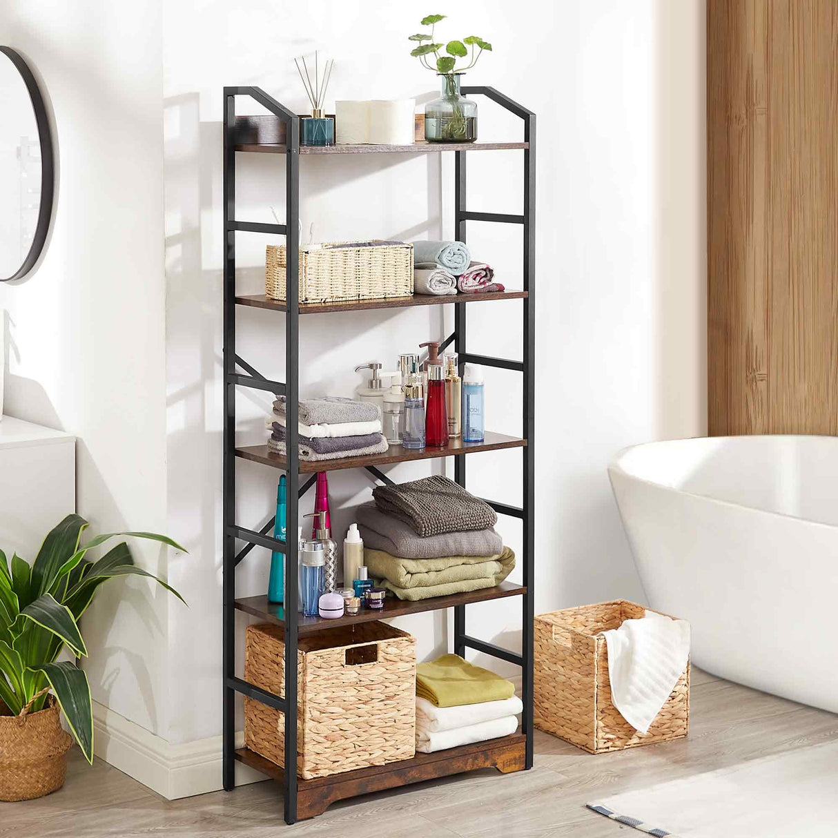 5 Tier Bookshelf with 2 Storage Baskets, Tall Bookcase Shelf Storage Organizer Wood Book Shelf, Modern Shelf Rack Shelves with Steel Frame, Multipurpose Bookshelf for Bedroom Living Room