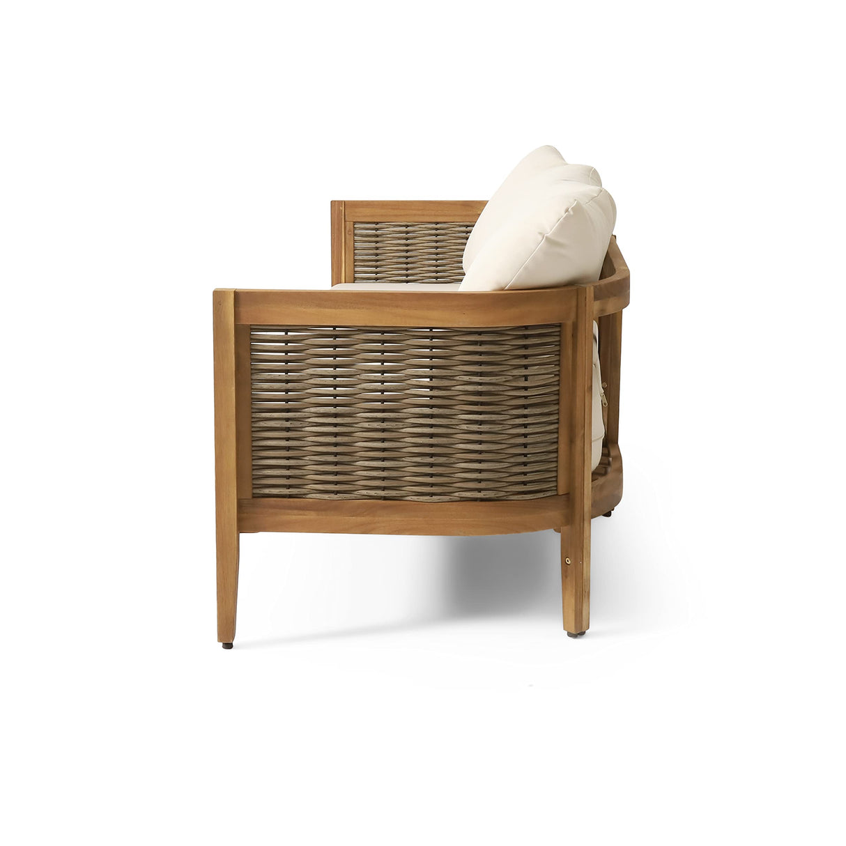 Burchett Outdoor 3 Seater Sofa with Cushions - Acacia Wood and Round Wicker