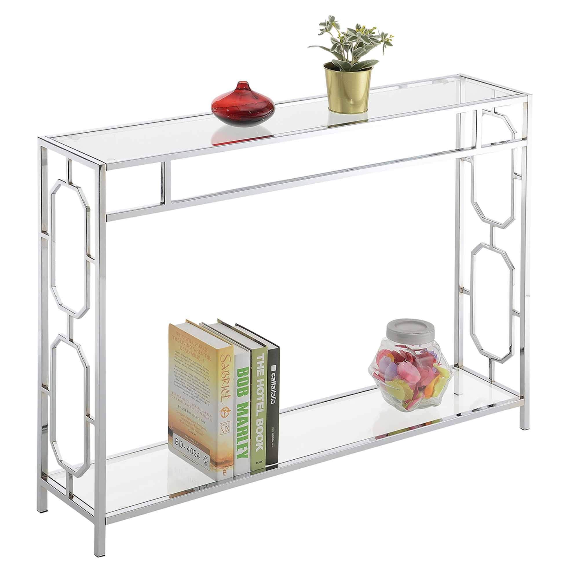 Omega Chrome Console Table 42" - Glass & Chrome Sofa Table with Storage Shelf