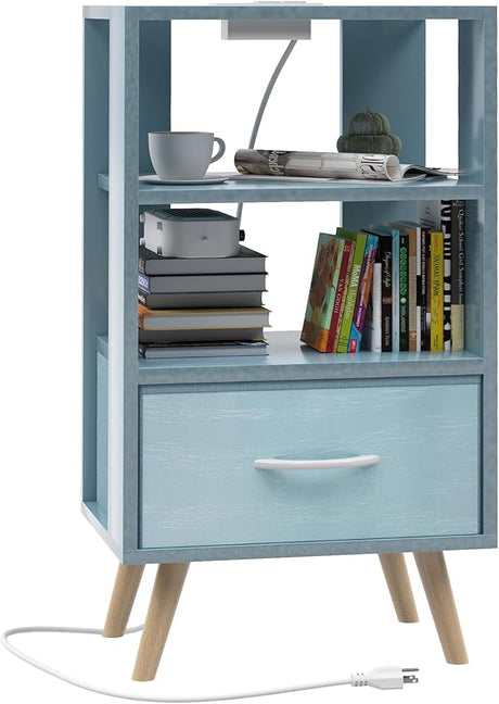 Aenuert Night Stand with Charging Station, Blue Kids Nightstand with Drawer, 3-Tier Nursery Bedside Table with USB Ports and Outlets, End Table for Small Space, Living Room, Bedroom