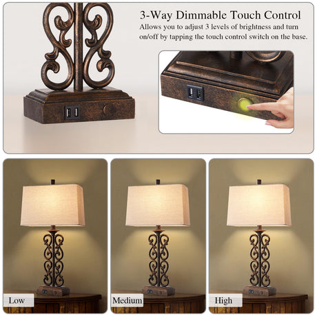 Set of 2 Farmhouse Touch Table Lamps for Living Room, 3 Way Dimmable with Dual USB