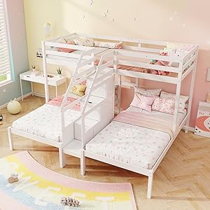 Twin Over Twin & Twin Bunk Bed, Triple Bunk Beds with 4-Step Storage Stair