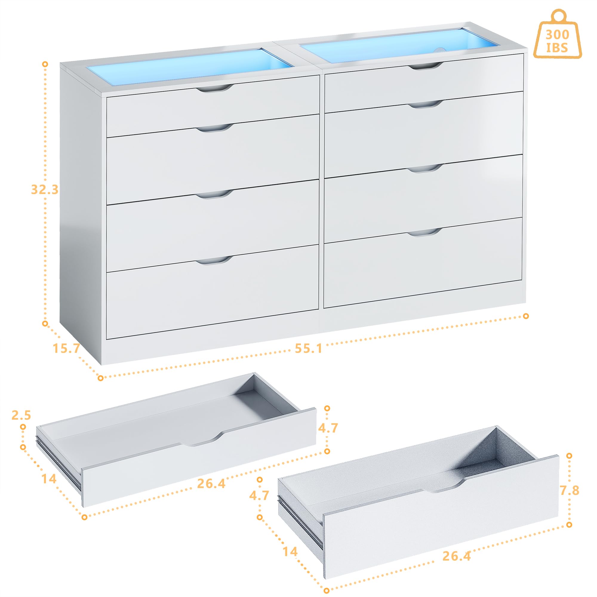 8 Drawer Dresser for Bedroom, White Dresser