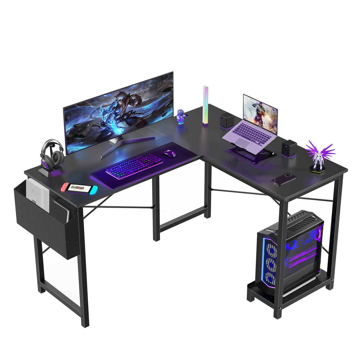 L Shaped Computer Desk - Gaming Table Corner Desk 50 Inch PC Writing Black Desk Study Desks with Wooden Desktop CPU Stand Side Bag Reversible for Home Office Dorm Small Space