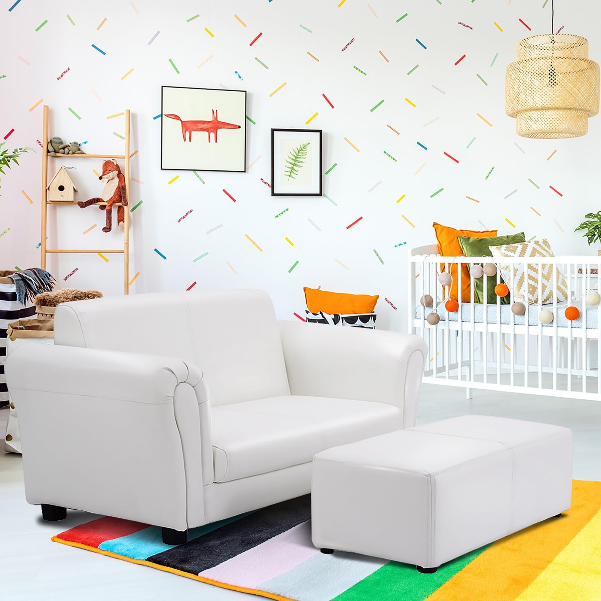 Children Sofa 2 Seat Armrest Chair Lounge with Footstool White