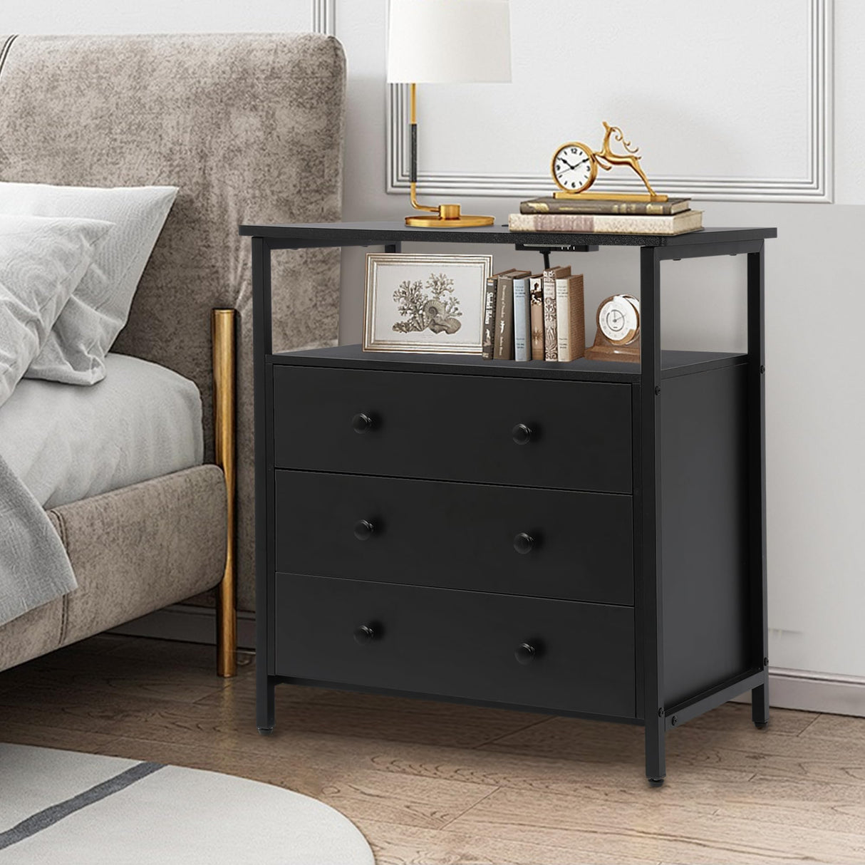 Wooden Drawers Night Stand, 27 Inch Wide Nightstand with Charging Station and Adjustable Drawers, Bedside Table for Living Room/Bedroom/Office, Black.