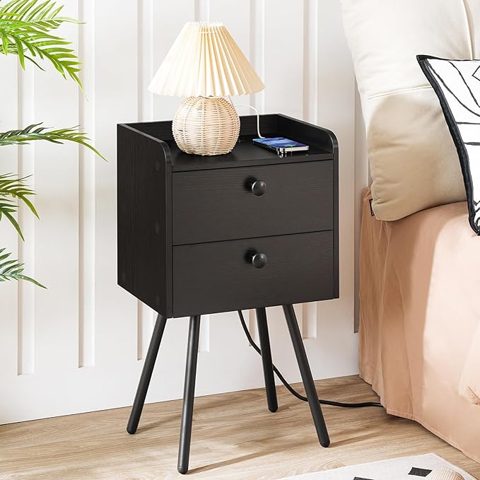 Nightstand with Charging Station, Modern Side Table with 2 Drawers