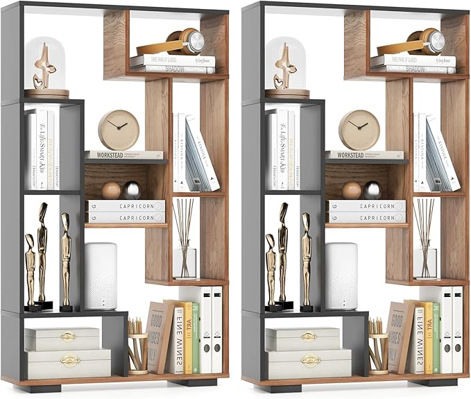 47-Inch Bookshelf, Modern Wooden Geometric Bookcase with Open Shelves, Anti-Tipping Kits, Wood Book Case Shelf, Open Cube Storage Organizer Display Rack for Living Room