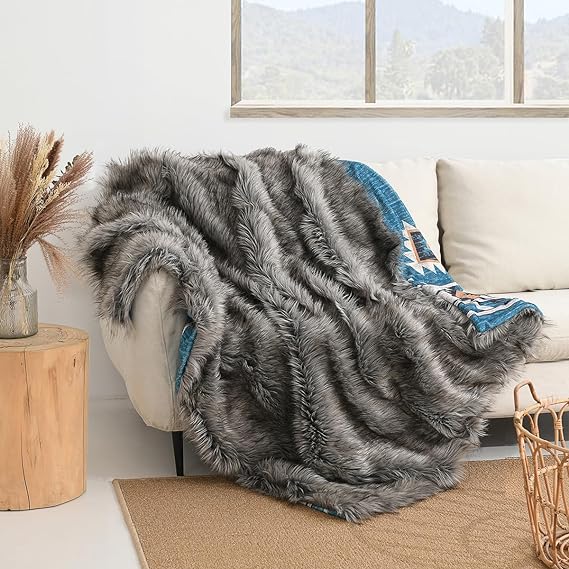 Luxury Plush Faux Fur Throw Blanket with Aztec Pattern, Super Warm, Fuzzy