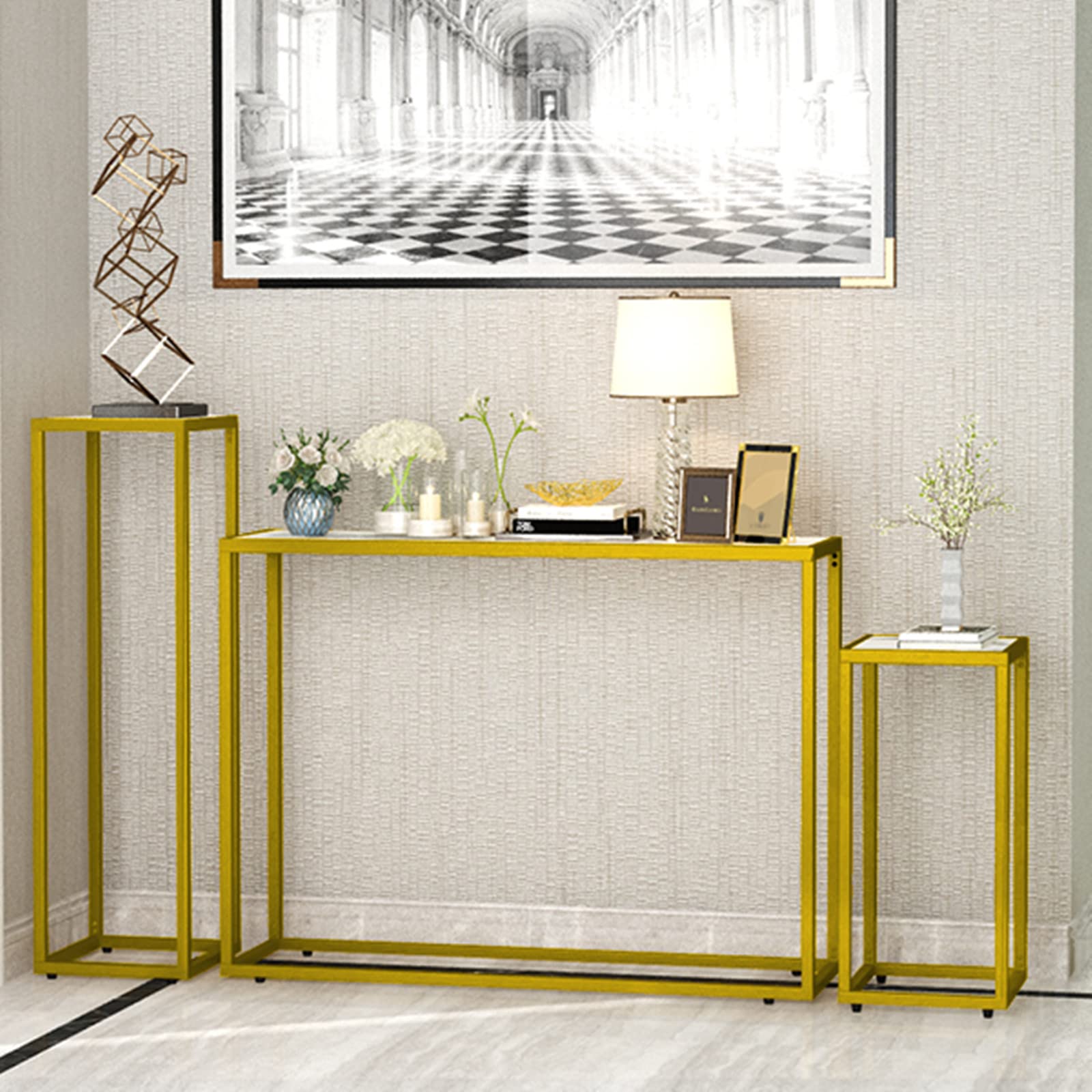 Table Sets 3 Pieces, Faux Marble Console Table Set Include 2 Accent Side Tables