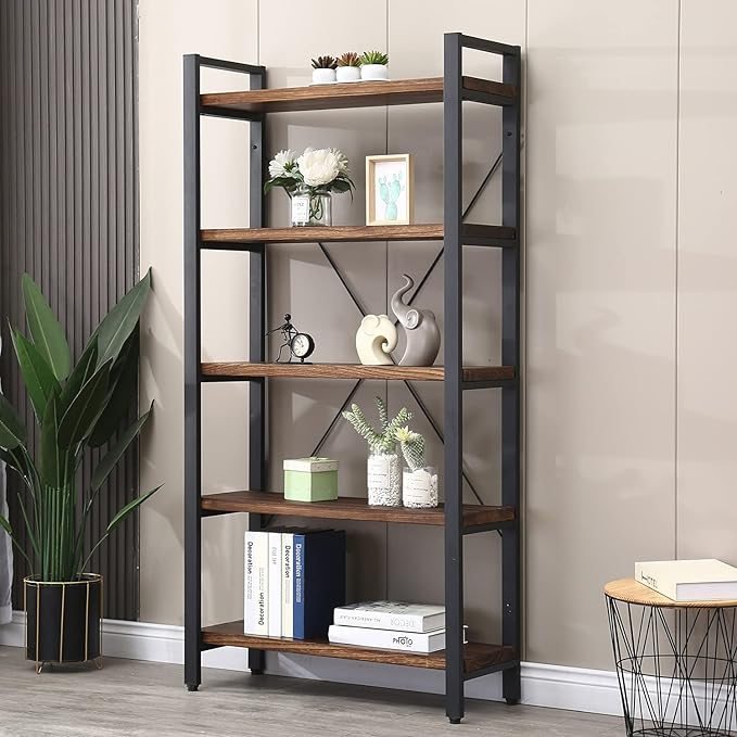 Solid Wood Bookshelf,4 Tier Rustic Vintage Industrial Etagere Bookcase