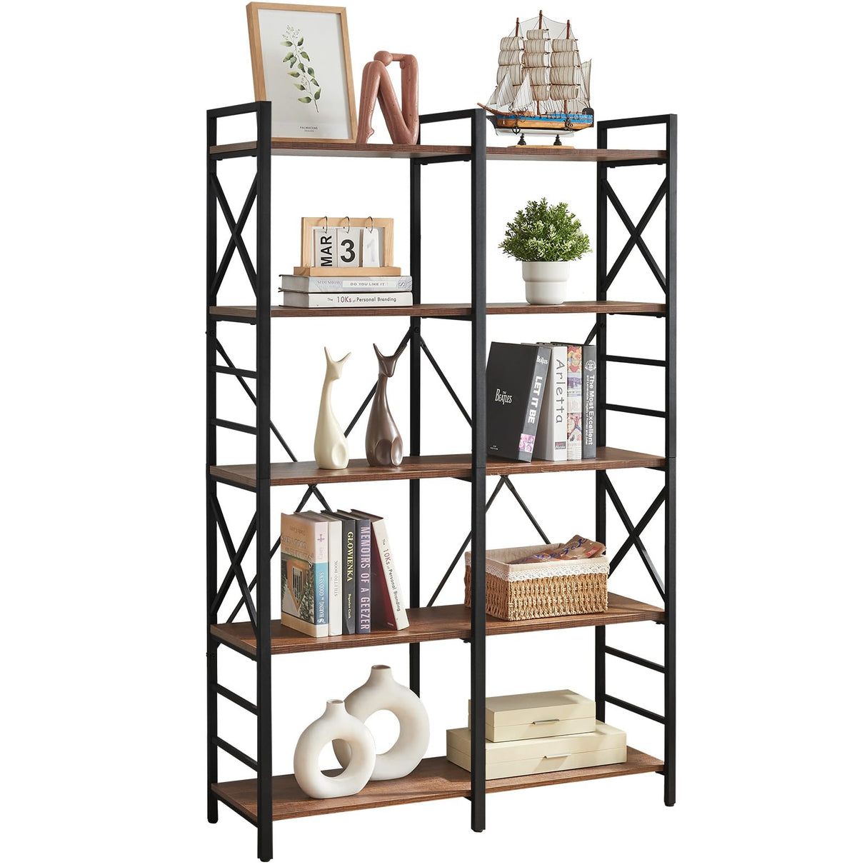 Book Shelf,Industrial Double Wide 5 Tier Bookshelf,Engineered Wood and Metal Bookcase