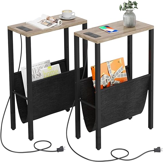 Narrow Side Table with Charging Station, Small End Table