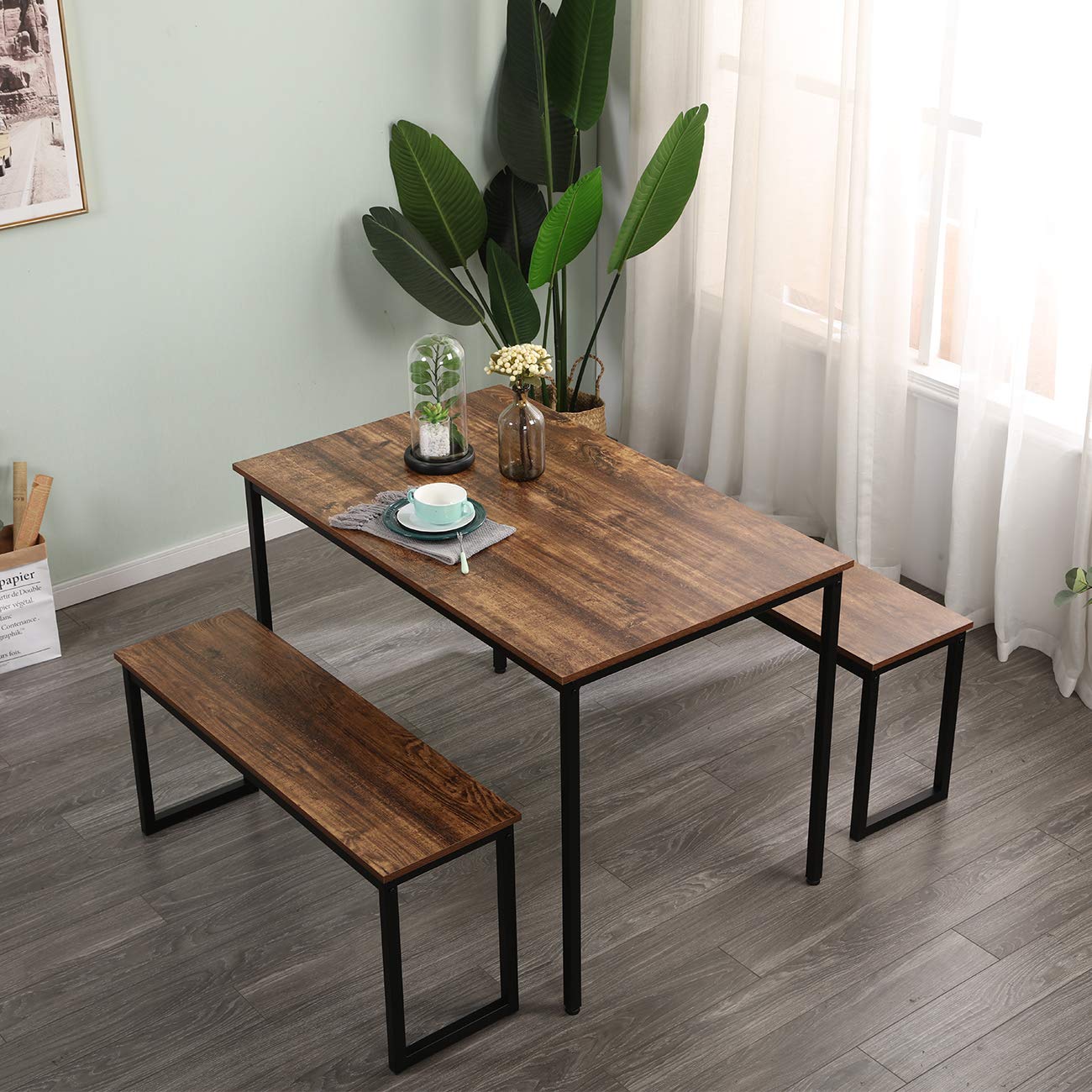 SDHYL Dining Table Set, 45in Dining Table Sets with 2 Benches, Dining Room Table Set for 3, Small Rectangular Wood Dining Table with 2 Bench Chairs/3 Piece Set for Home, Kitchen, Dining Room, Vintage