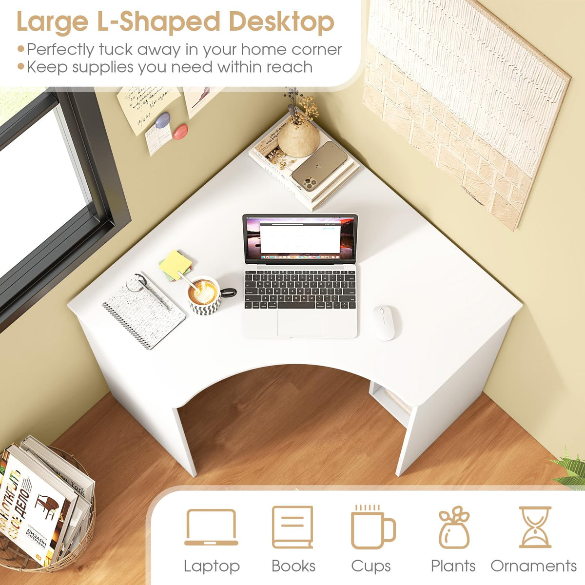 Tangkula White Corner Desk with Storage Shelves, Space-Saving Triangle ...