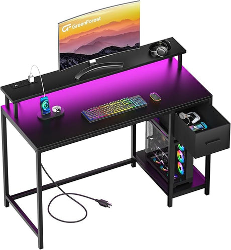 Gaming Desk with LED Lights and Power Outlets 39 inch Computer Desk with Fabric