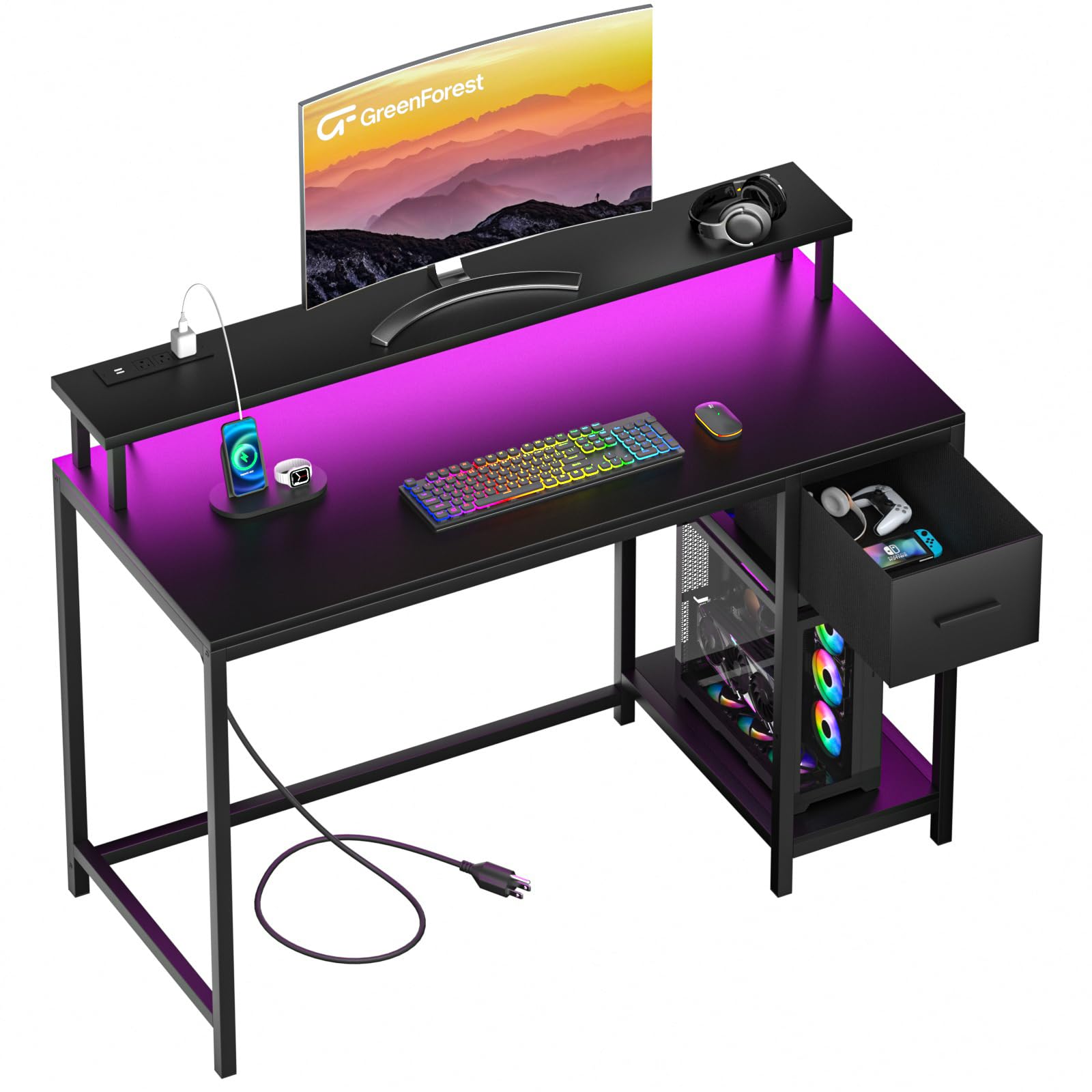 Gaming Desk with LED Lights and Power Outlets 39 inch Computer Desk with Fabric