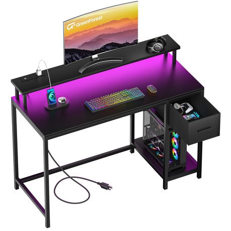 Gaming Desk with LED Lights and Power Outlets 39 inch Computer Desk with Fabric