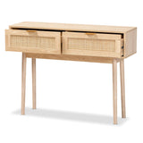 Baird Mid-Century Modern Light Oak Brown Finished Wood and Rattan 2-Drawer Console
