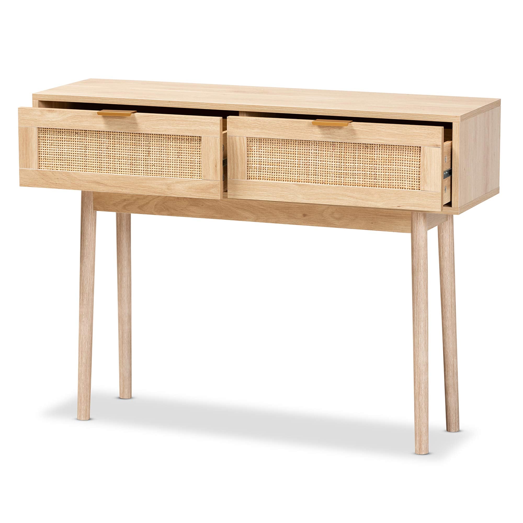 Baird Mid-Century Modern Light Oak Brown Finished Wood and Rattan 2-Drawer Console