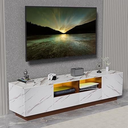 71" TV Stand for 55/65/70/75 inch TV, White Marble High Gloss Modern LED Entertainmen