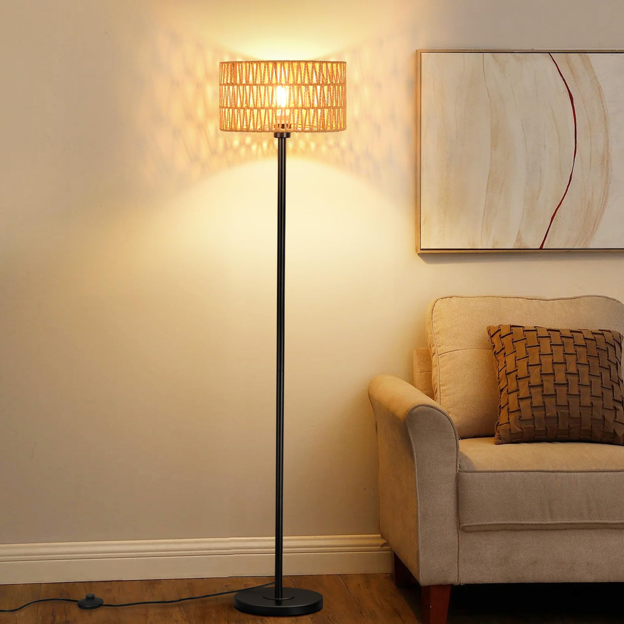 Lamps for Living Room, Rattan Boho Floor Lamp, Black Metal Floor Lamp with LED Bulb,