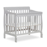 Aden 4-in-1 Convertible Mini Crib In Grey, Greenguard Gold Certified, Non-Toxic Finish, New Zealand Pinewood, With 3 Mattress Height Settings