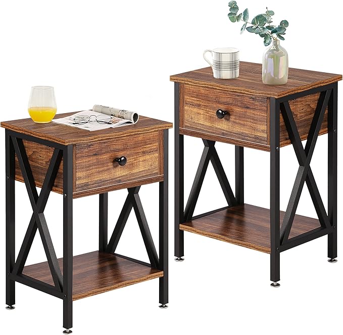 Night Stands for Bedroom Rustic Nightstand Bedside End Tables with Drawer Storage, 2 Pack, Brown(Set of 2)