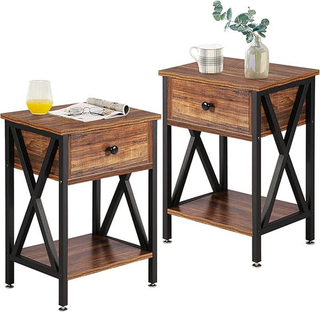 Night Stands for Bedroom Rustic Nightstand Bedside End Tables with Drawer Storage, 2 Pack, Brown(Set of 2)