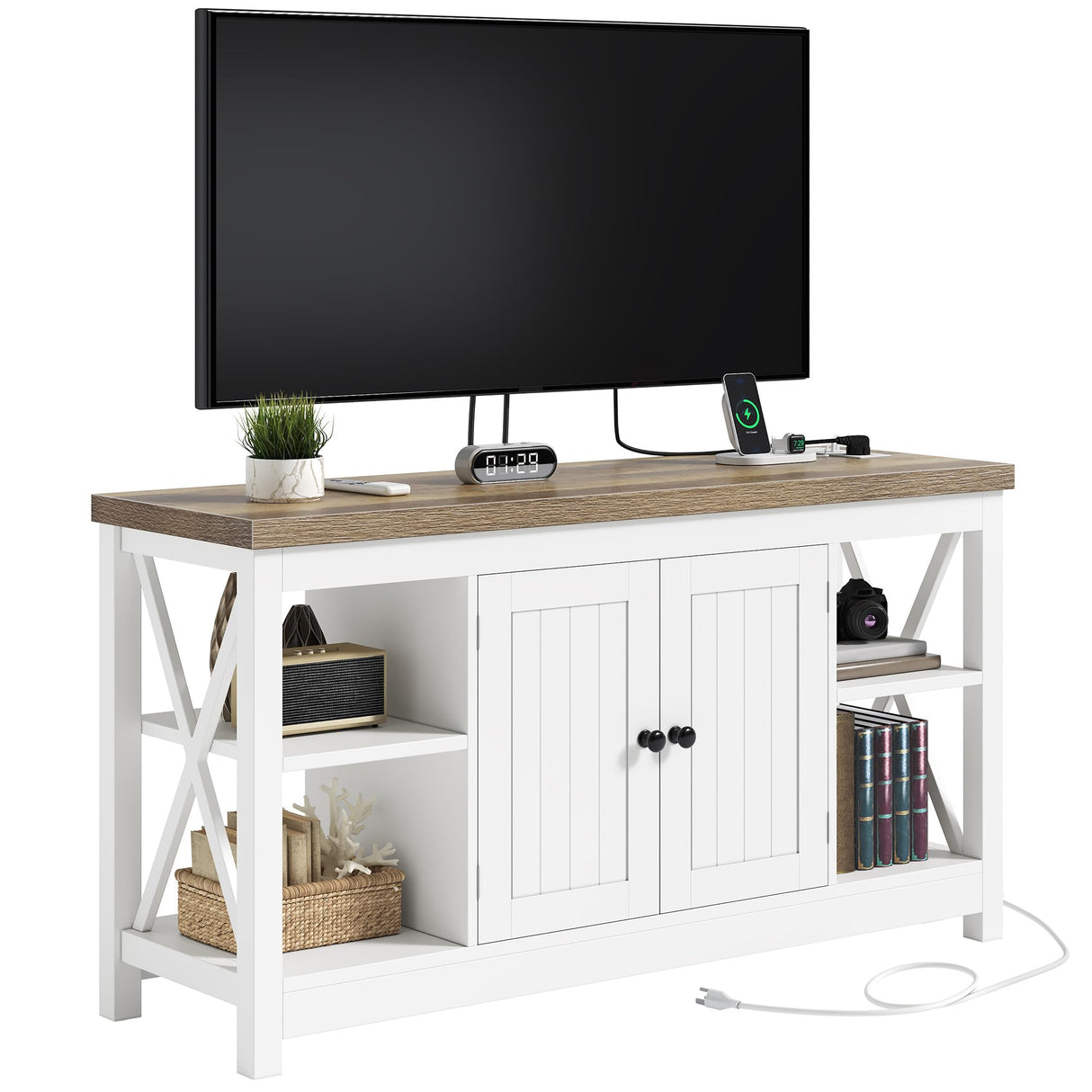 YITAHOME Farmhouse TV Stand for 55/50 Inch with Power Outlet, Mid Century Modern Entertainment Center with Storage and Adjustable Shelf, 47'' TV Table Media Console for Living Room, White & Grey Wash