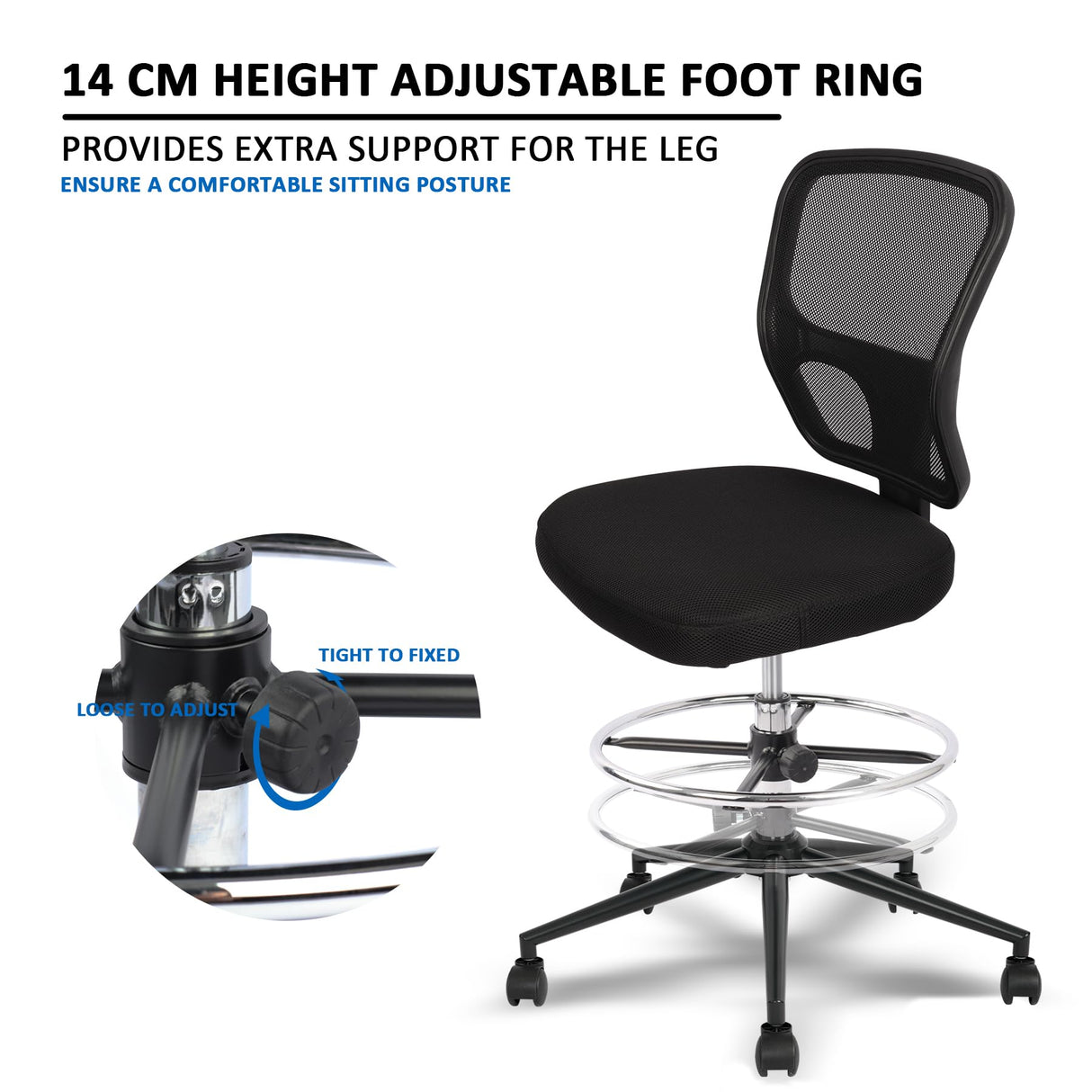 Ergonomic Drafting Chair with Footrest - Adjustable Height Tall Office Stool
