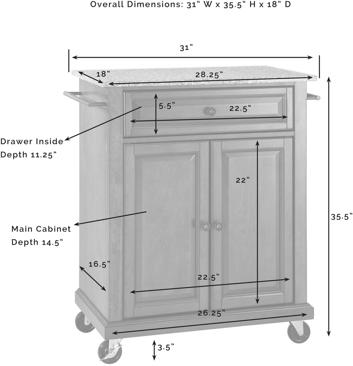 Compact Kitchen Island with Stainless Steel Top, Black