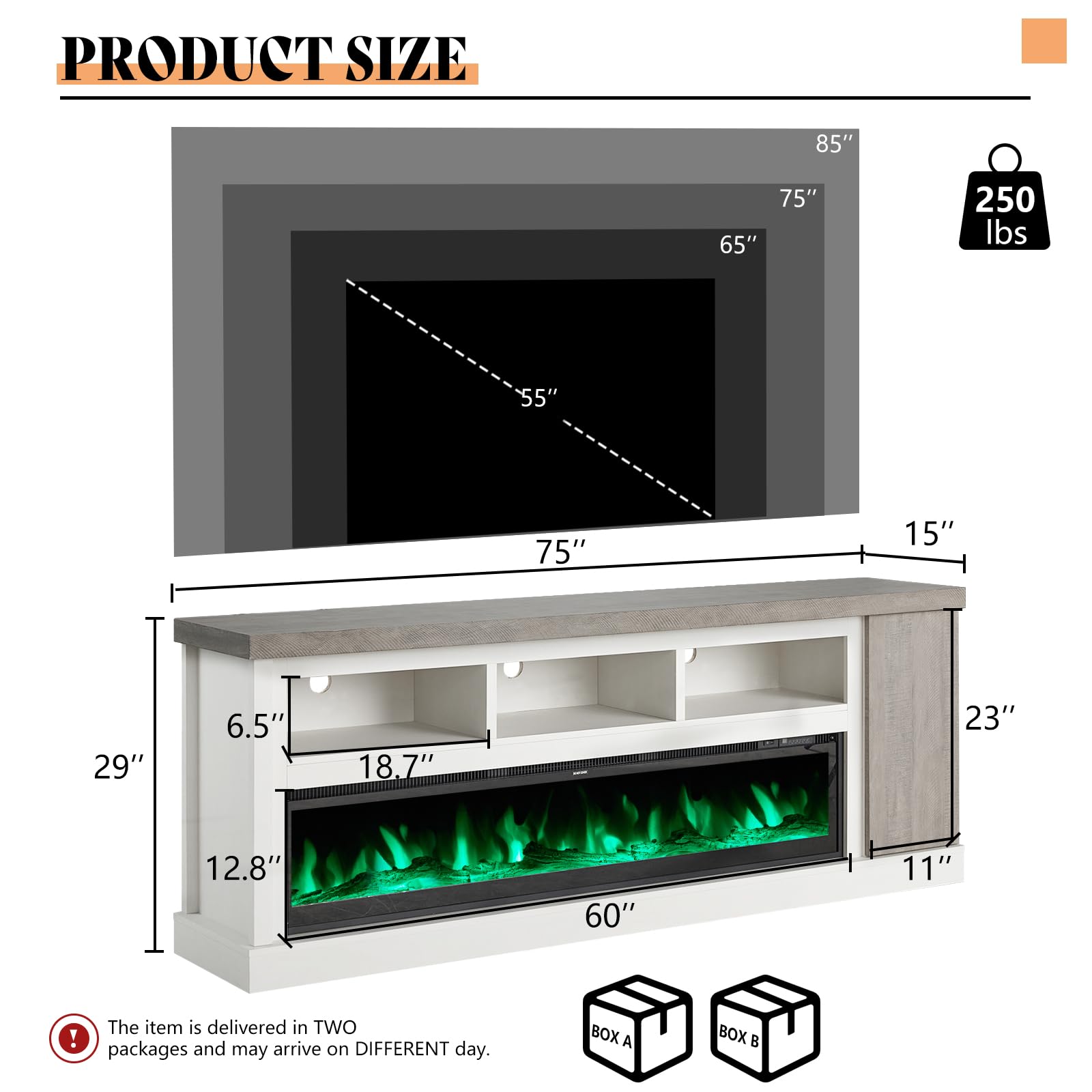 75" Fireplace TV Stand with 60" Glass Electric Fireplace